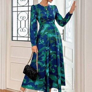 Elegant Blue & Green Floral maxi Dress